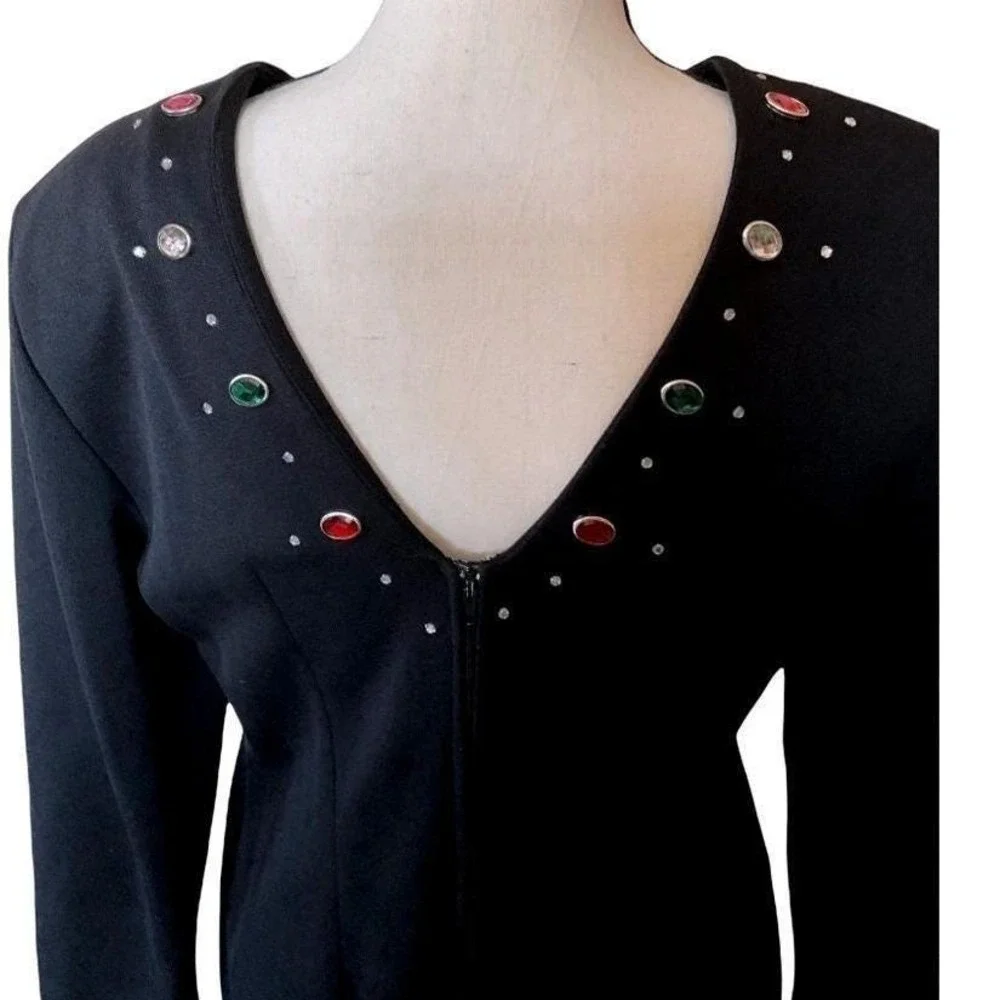 Vintage Black Long Sleeve Embellished‎ Neckline Dress Women Large Zipper Front - Picture 5 of 13